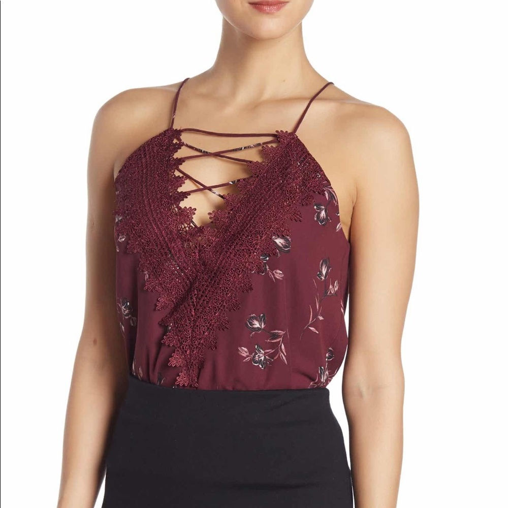 Floral lace up vneck bodysuit